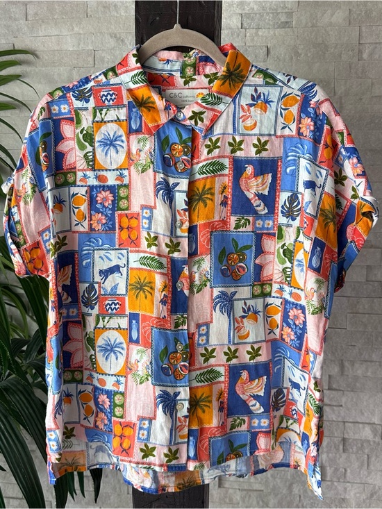 C&C California Tops - C&C Tropical Vacation Marrakech Multi Patchwork Fruit Print Linen Shirt Size S